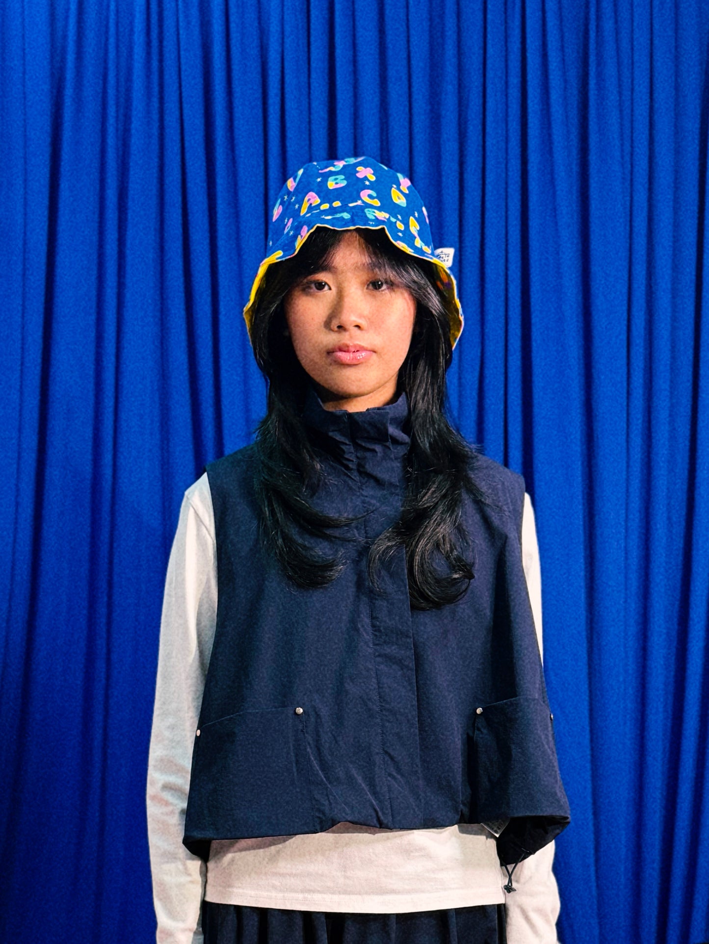 Reversible Bucket Hat in Blue & Yellow Alphabets