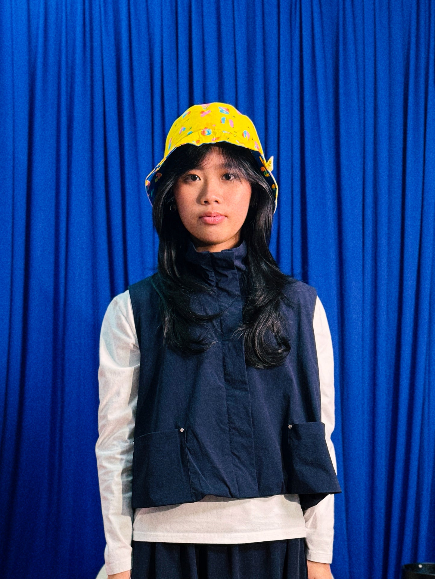 Reversible Bucket Hat in Blue & Yellow Alphabets